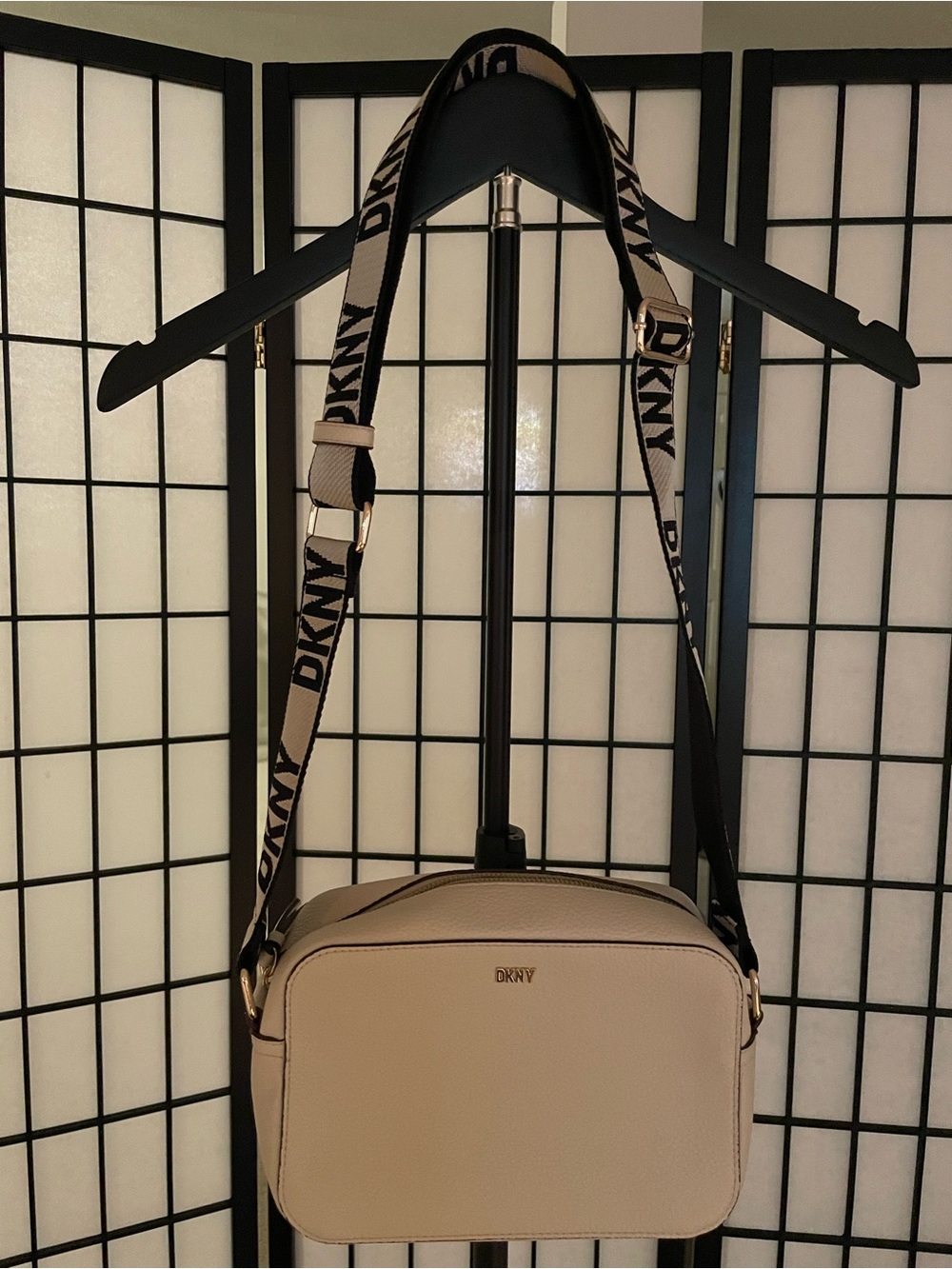 DKNY Beige Leather Crossbody with Logo Webbing Strap